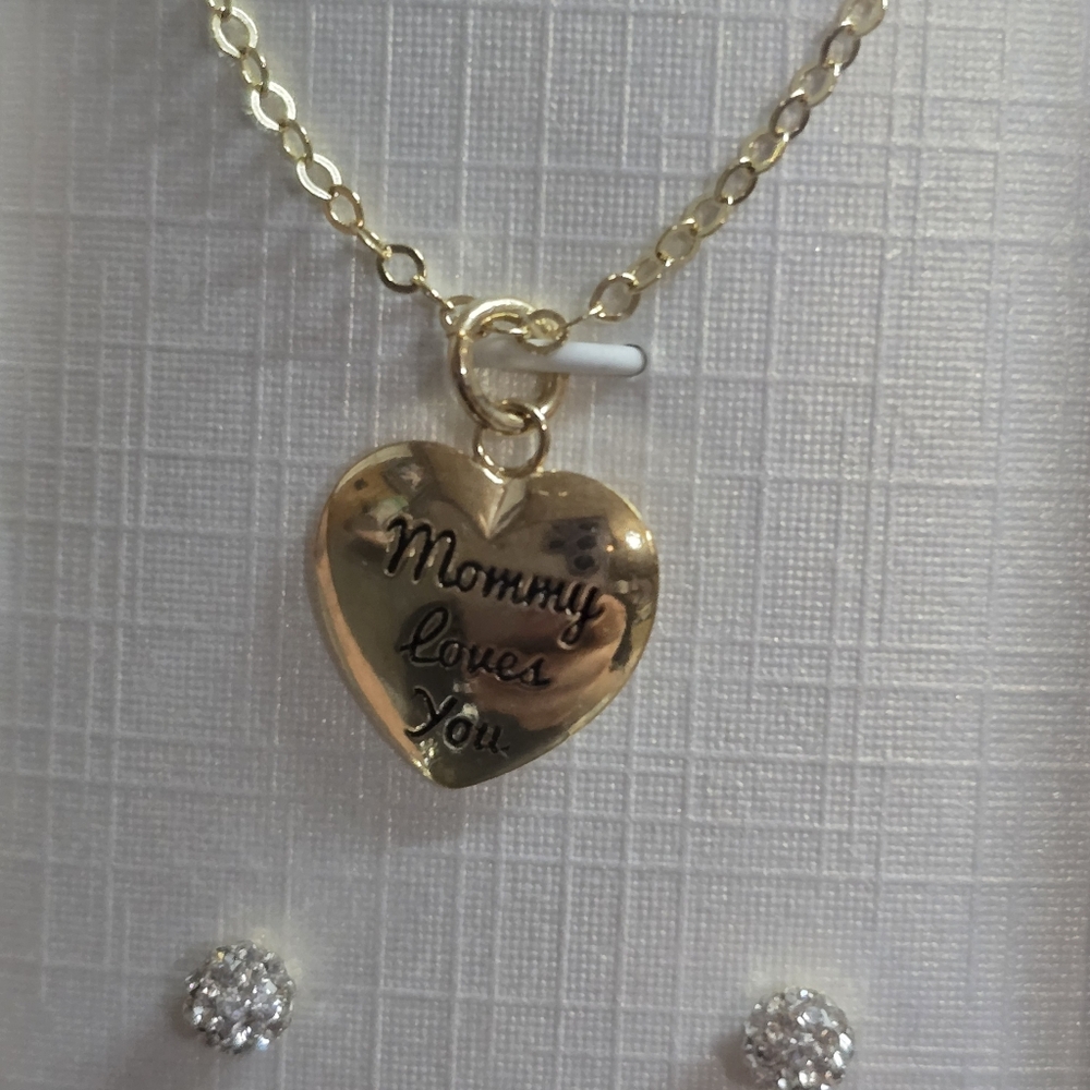 Sterling Silver 14K Gold Plated Girls Mommy Necklace Earrings Valentines Love - Picture 2 of 6